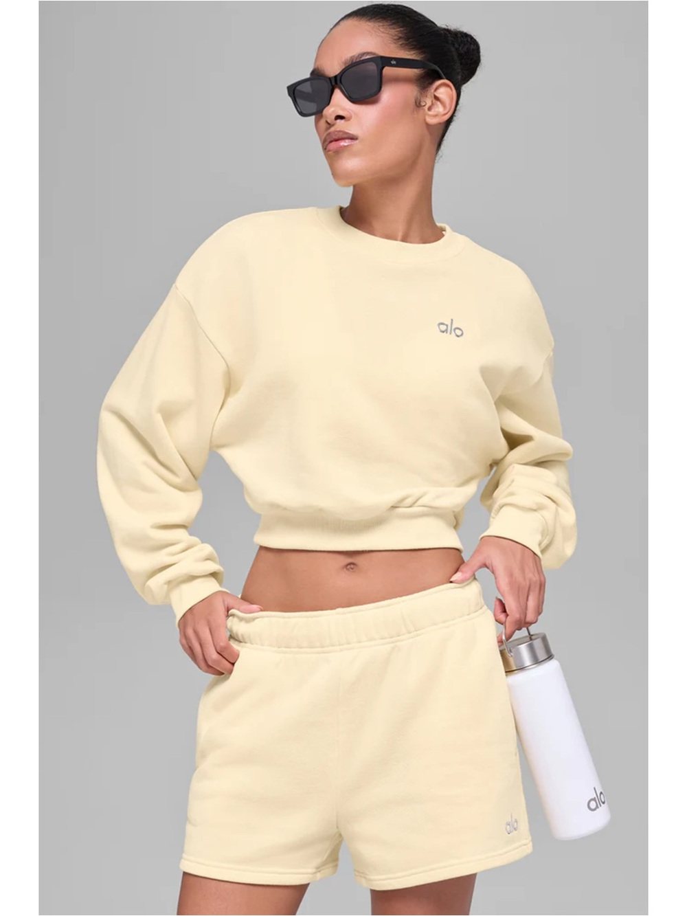 ALO Accolade Sweat Set Crop Sweatshirt & Shorts Small Candlelight Yellow